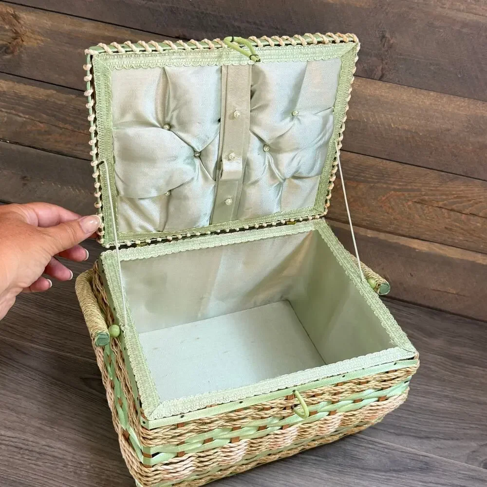 Vintage 1960s Wicker Sewing Basket Granma Cottagecore Shabby Chic Country Japan